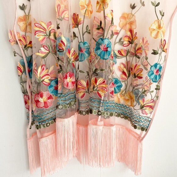 NWT Haute Hippie Pink Mesh Floral Embroidered Fringe Boho Festival Poncho OS - Picture 2 of 6